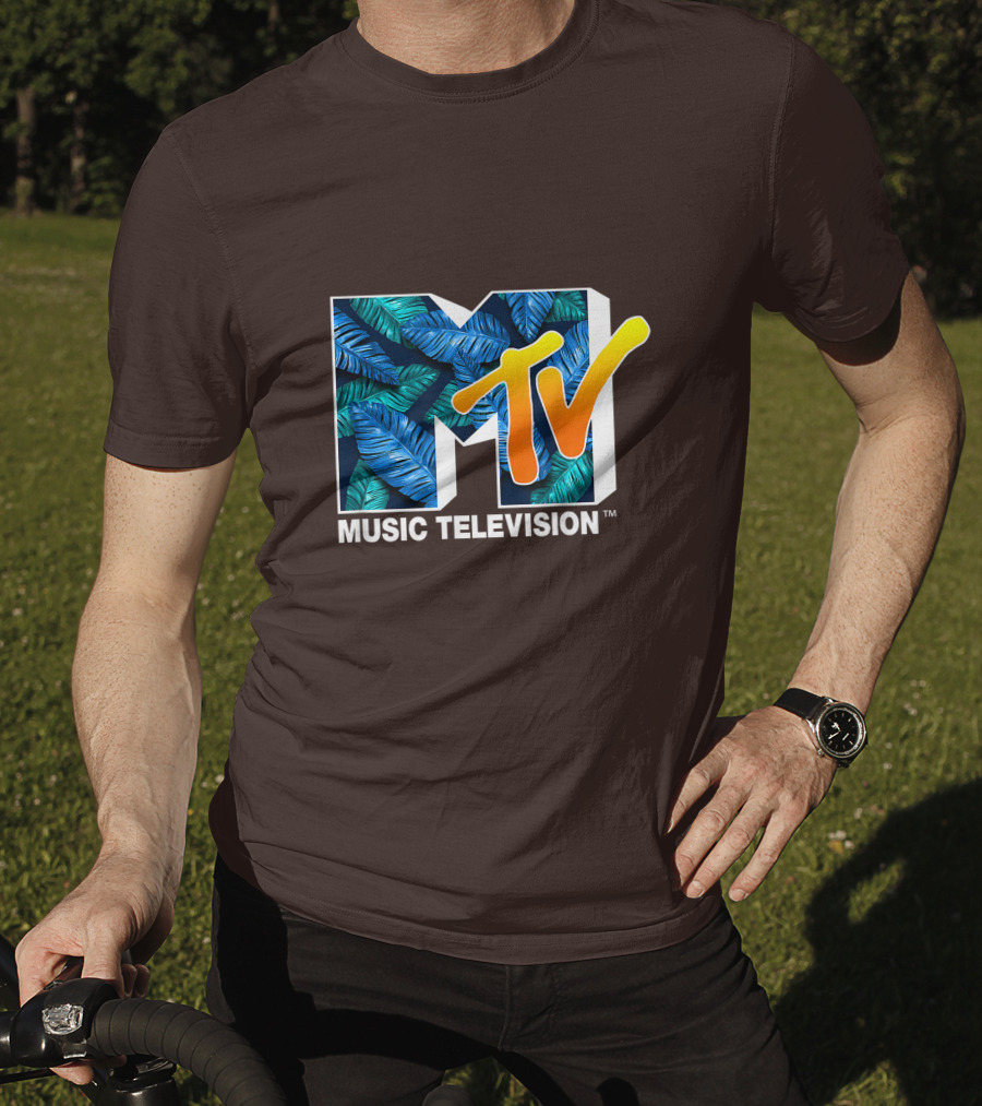 MTV Music Television Blue Green Tropical Leaf Fill T-Shirt