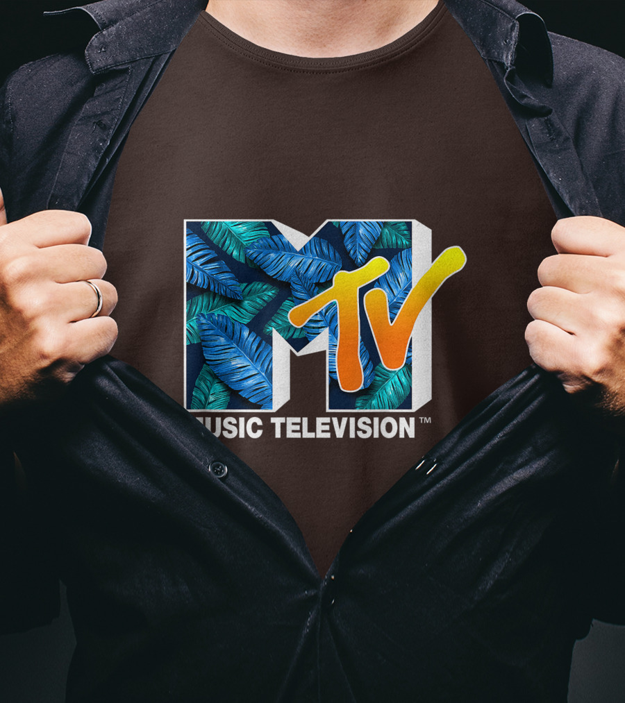 MTV Music Television Blue Green Tropical Leaf Fill T-Shirt