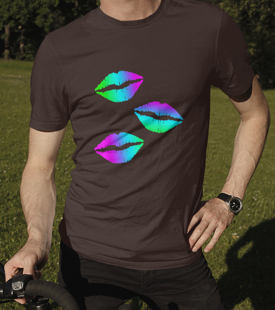 Funky Bright Neon Colours 80s Lipstick Rainbow Kiss Prints T-Shirt