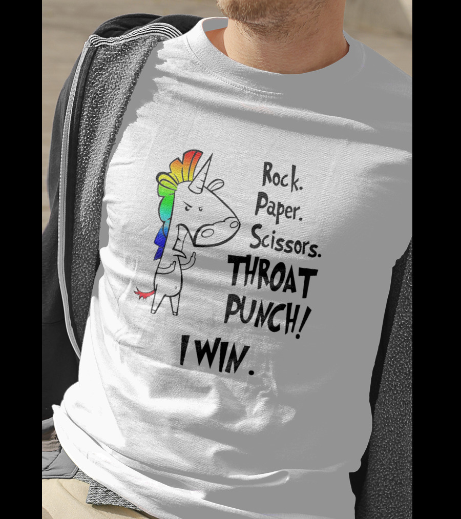 Rock Paper Scissors Throat Punch I Win Angry Unicorn Rainbow Mane T-Shirt