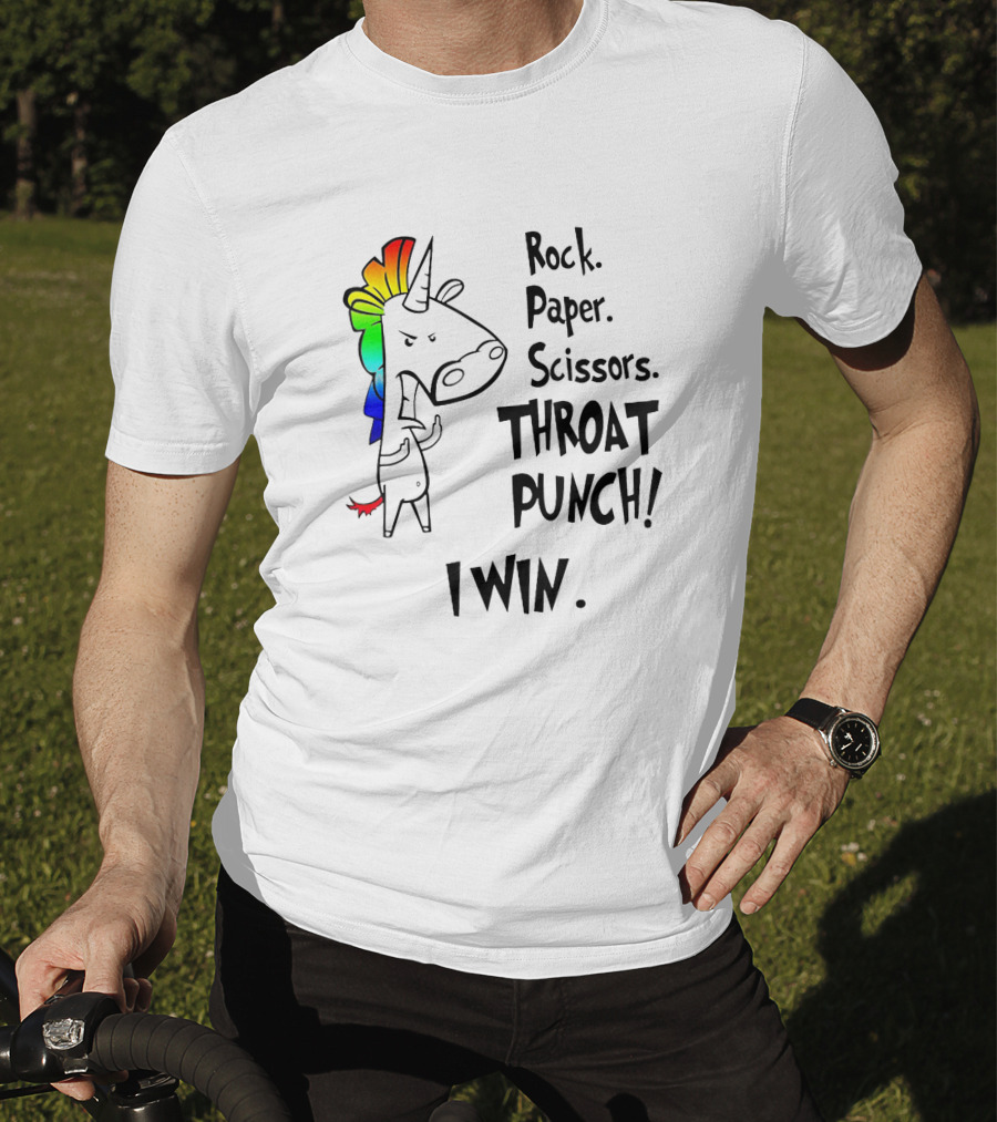 Rock Paper Scissors Throat Punch I Win Angry Unicorn Rainbow Mane T-Shirt