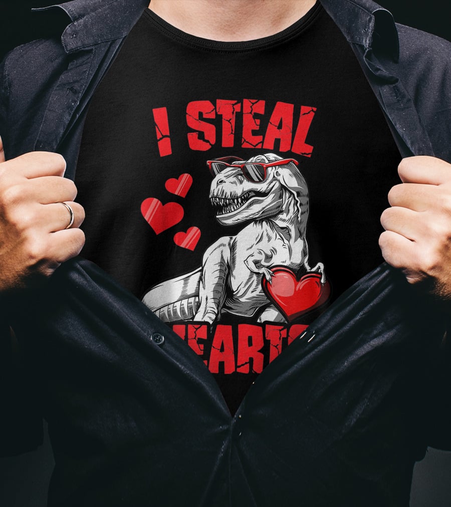 Valentines Day Kids Dinosaur T-Rex Lover I Steal Hearts T-Shirt