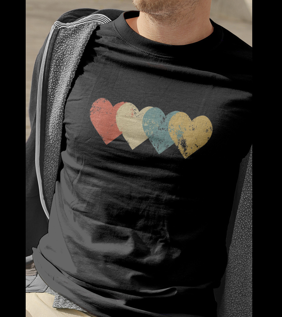 Vintage Hearts Distressed Red Yellow Blue Teal T-Shirt