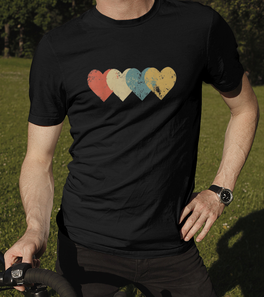 Vintage Hearts Distressed Red Yellow Blue Teal T-Shirt