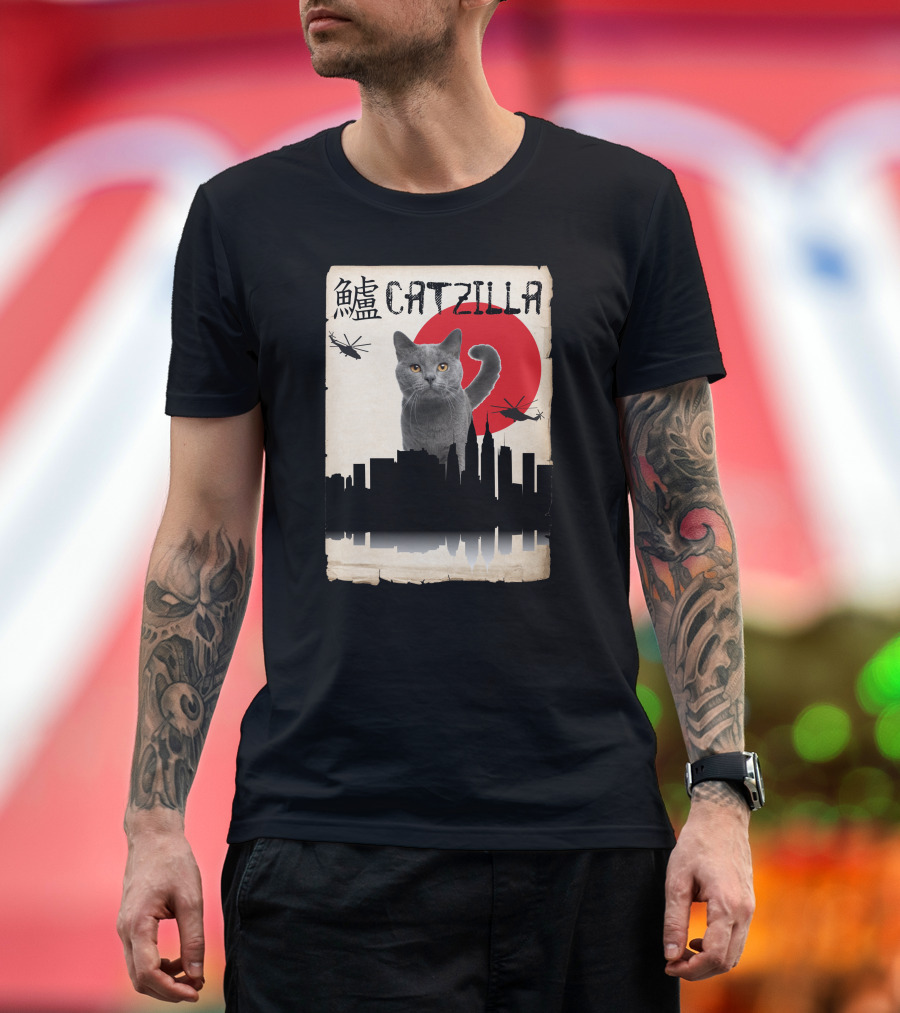 Catzilla Japanese Monster Cat Red Sun Helicopters City Skyline T-Shirt