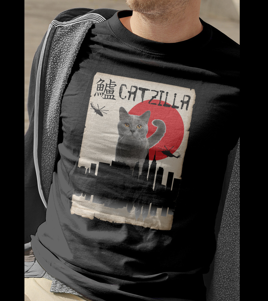 Catzilla Japanese Monster Cat Red Sun Helicopters City Skyline T-Shirt