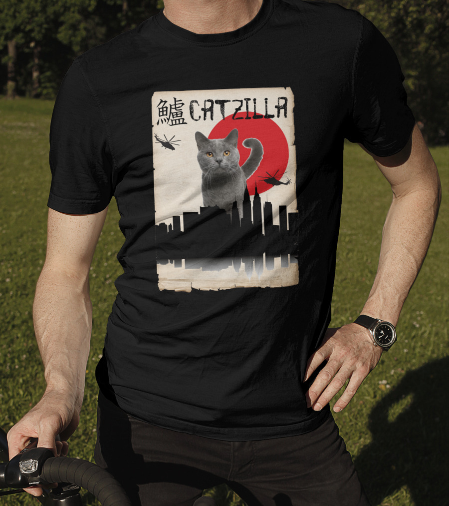 Catzilla Japanese Monster Cat Red Sun Helicopters City Skyline T-Shirt