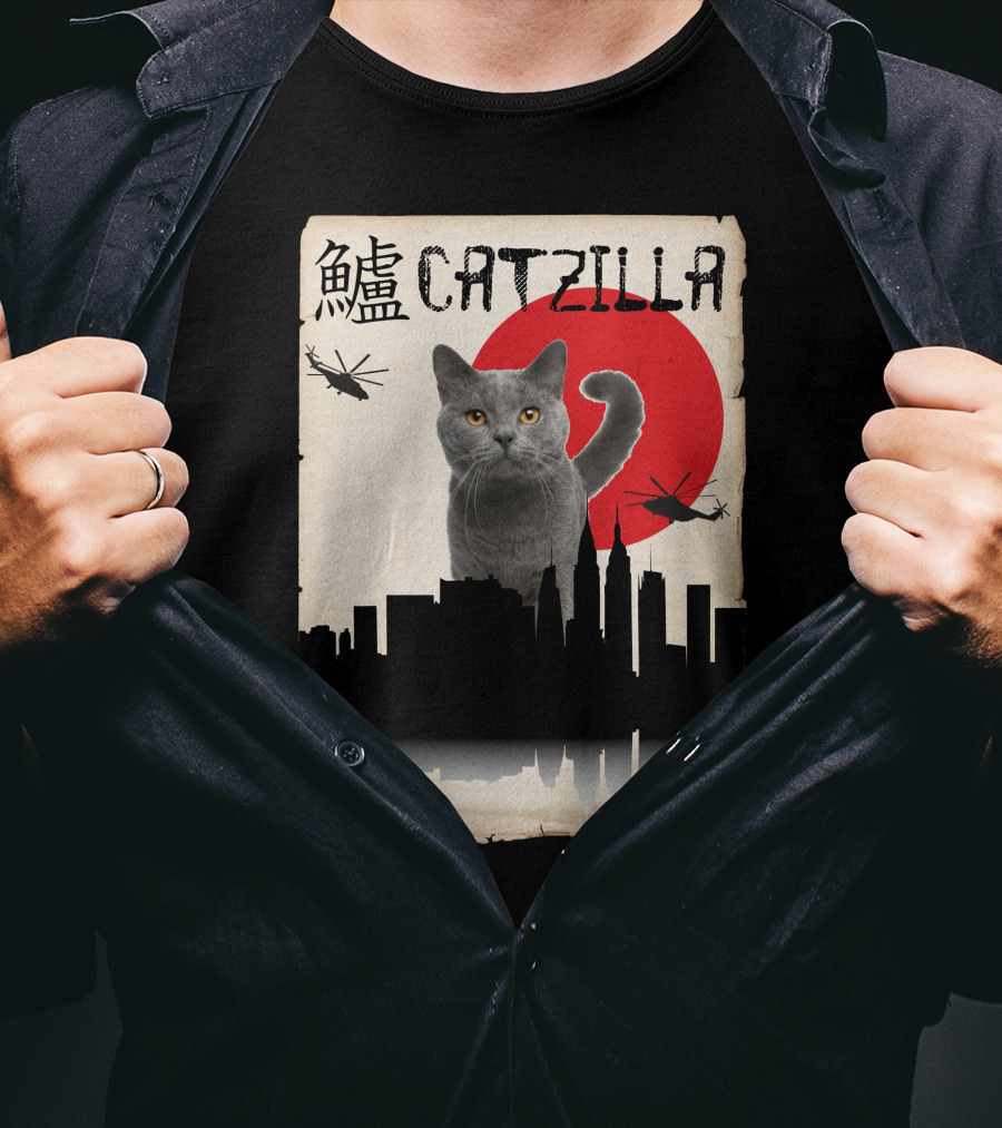 Catzilla Japanese Monster Cat Red Sun Helicopters City Skyline T-Shirt