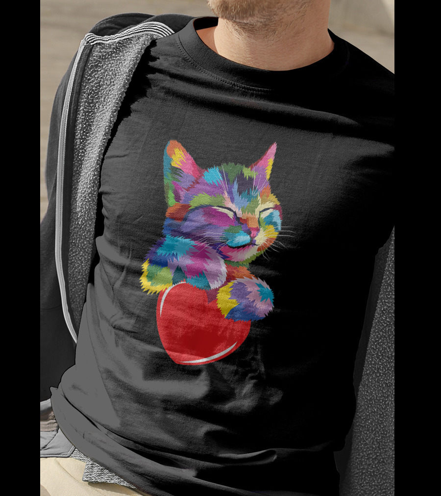 Colorful Cat Hugging Red Heart Cat Lover T-Shirt