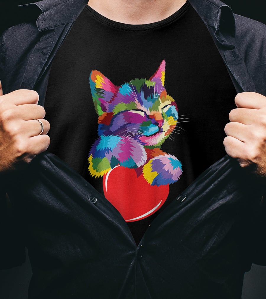 Colorful Cat Hugging Red Heart Cat Lover T-Shirt