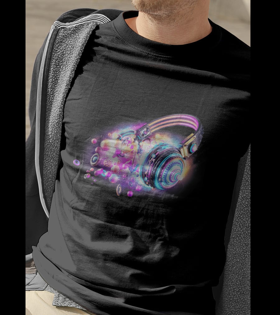 LED Sound Activated Glow DJ Headphones Neon Lights Music Vibes T-Shirt