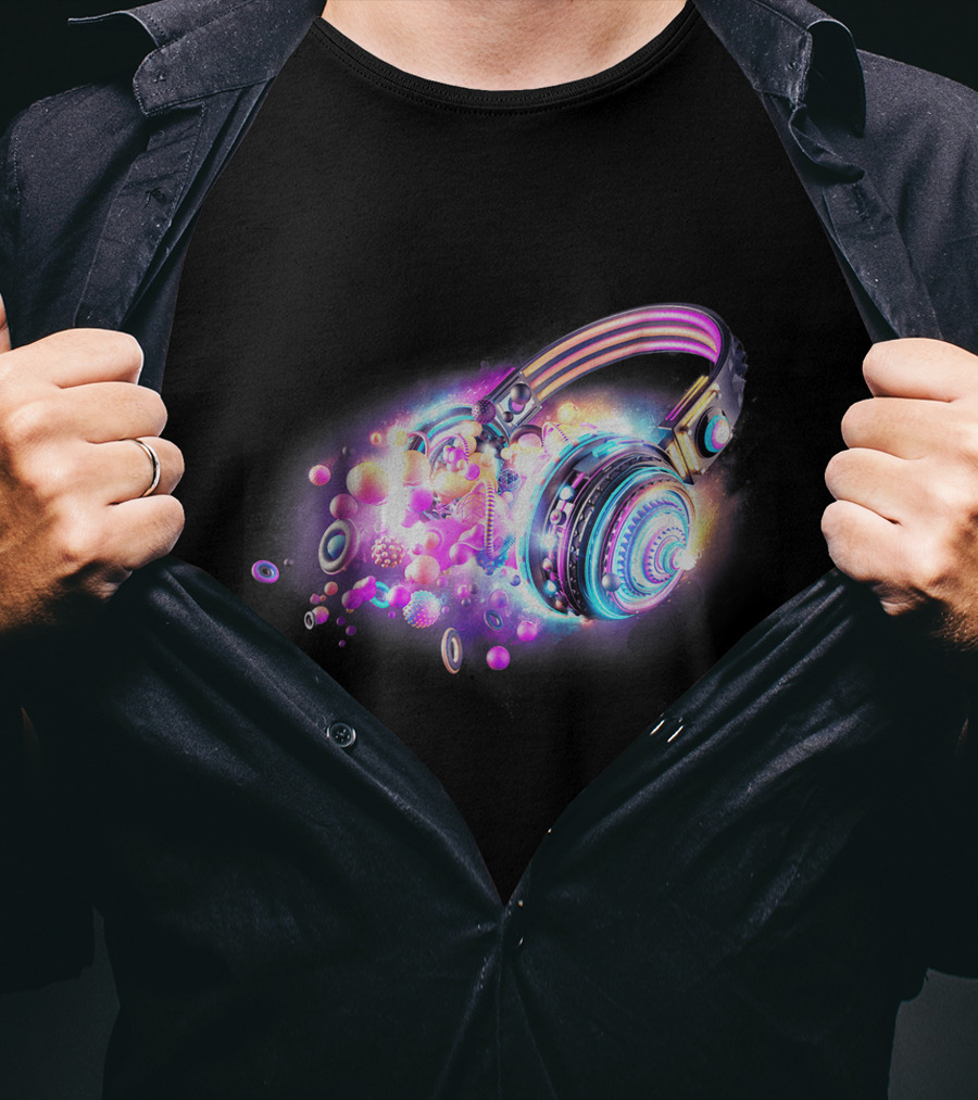 LED Sound Activated Glow DJ Headphones Neon Lights Music Vibes T-Shirt