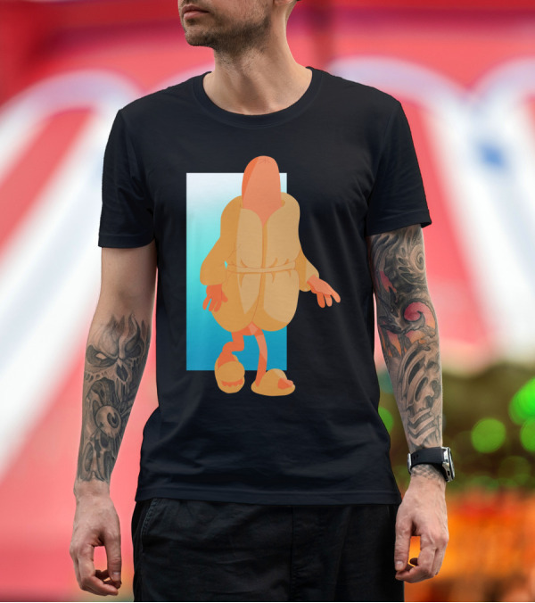 Premium T-Shirt: Hot Dog Lounge Cozy Cartoon Character in Bathrobe and Slippers T-Shirt Hot Dog Lounge Cozy Cartoon Character in Bathrobe and Slippers T-Shirt