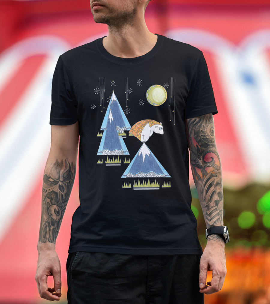 MidCentury Modern Whimsical Bear on Geometric Mountains Under Starry Moonlit Sky T-Shirt