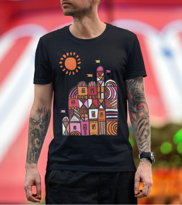 Premium T-Shirt: Playful Geometric Castle with Sun and Colorful Flags T-Shirt Playful Geometric Castle with Sun and Colorful Flags T-Shirt