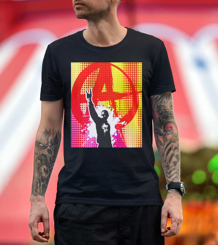 Punk Anarchy Symbol with Raised Hand Gesture and Vibrant Dot Background T-Shirt