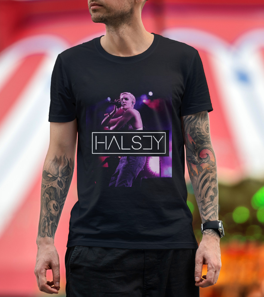 Halsey Performing with Bold Logo Design and Atmospheric Lighting T-Shirt