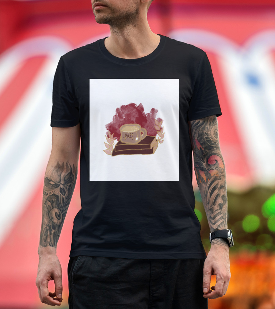 Cozy Coffee and Books Autumn Aesthetic with Fall Leaves T-Shirt