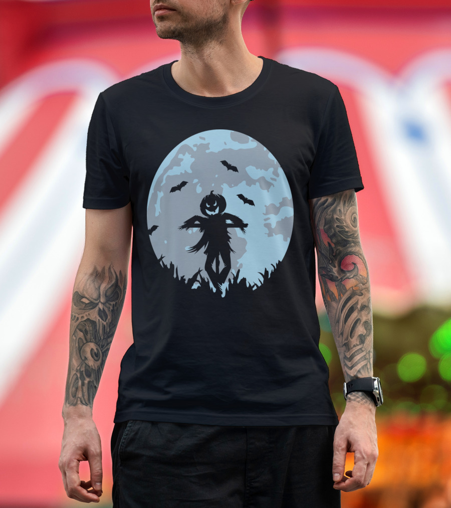 Pumpkin-Headed Scarecrow Silhouette with Bats and Full Moon in Cornfield Scene T-Shirt