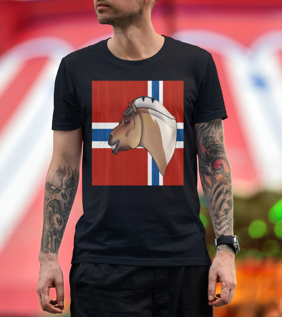Rudi Pon Norway Fjord Horse Norwegian Flag Background T-Shirt