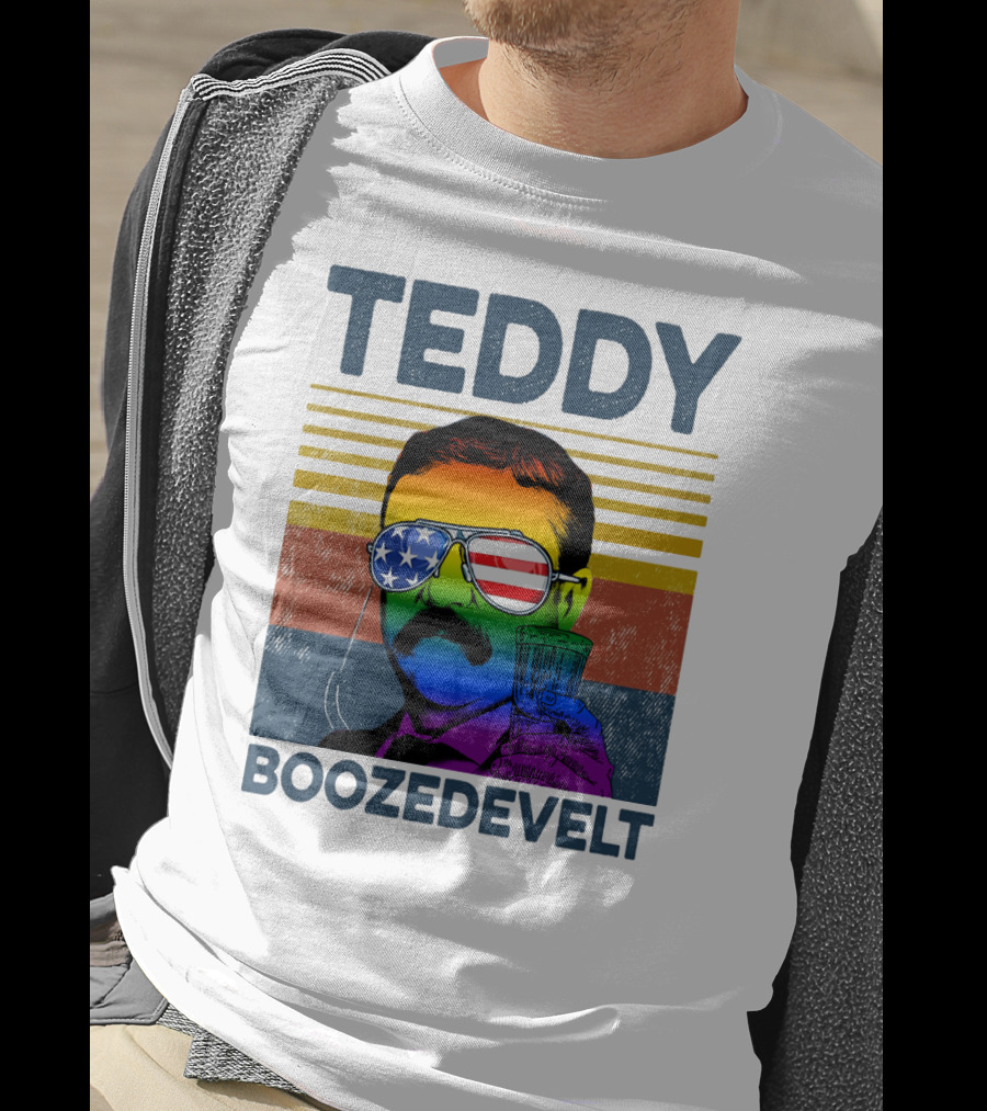 Teddy Boozedvelt Rainbow American Flag Sunglasses Beer Drink T-Shirt
