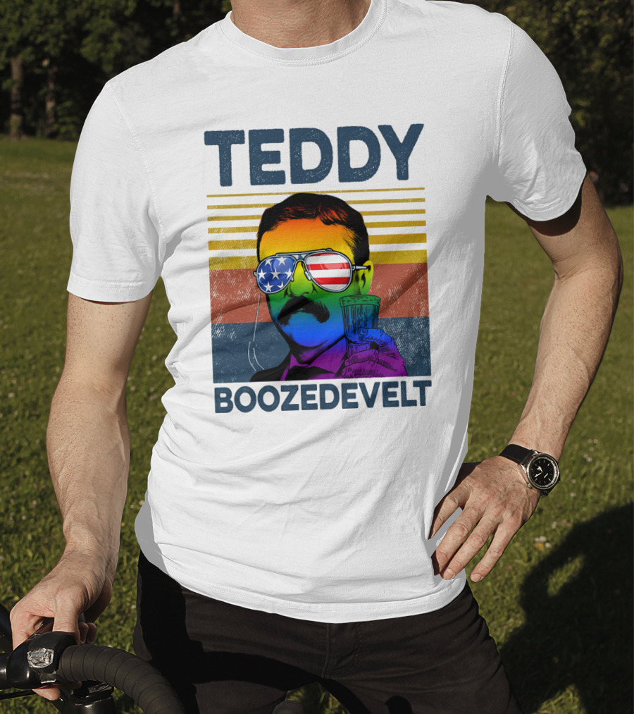 Teddy Boozedvelt Rainbow American Flag Sunglasses Beer Drink T-Shirt