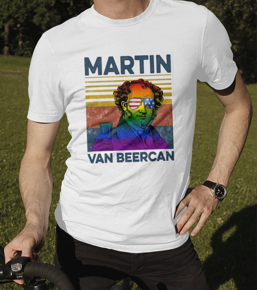 Martin Van Beercan American Flag Sunglasses Retro Drink Stripe T-Shirt