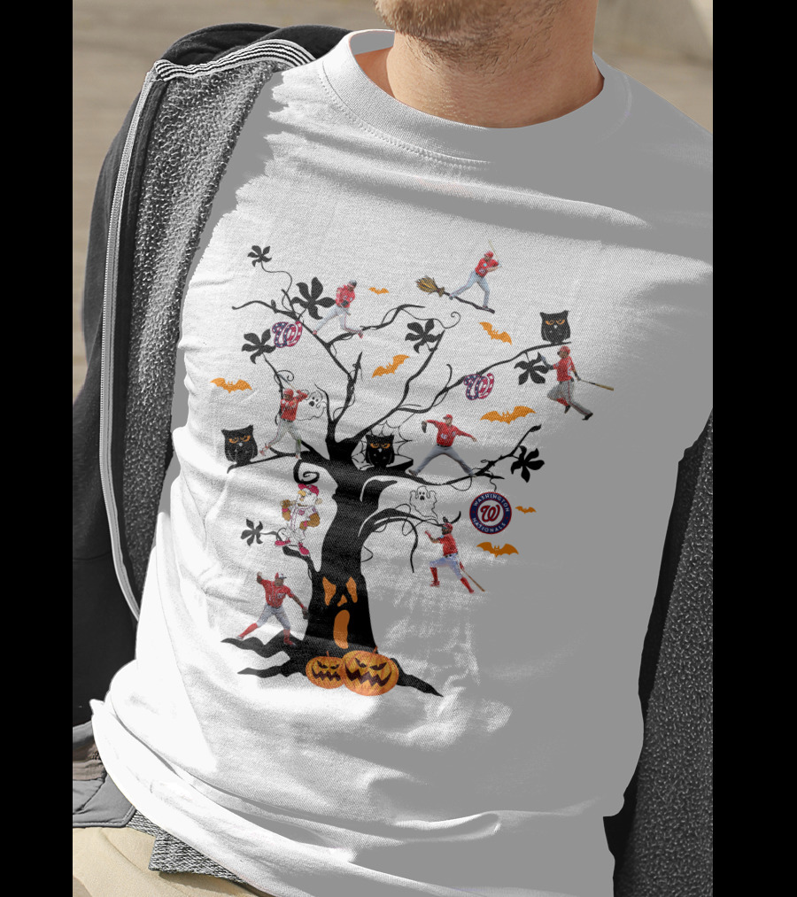 Washington Nationals Halloween Baseball Spooky Tree With Pumpkins And Bats T-Shirt
