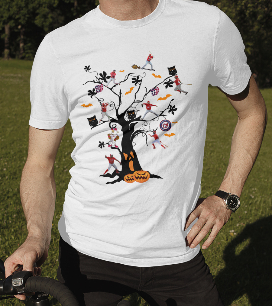 Washington Nationals Halloween Baseball Spooky Tree With Pumpkins And Bats T-Shirt