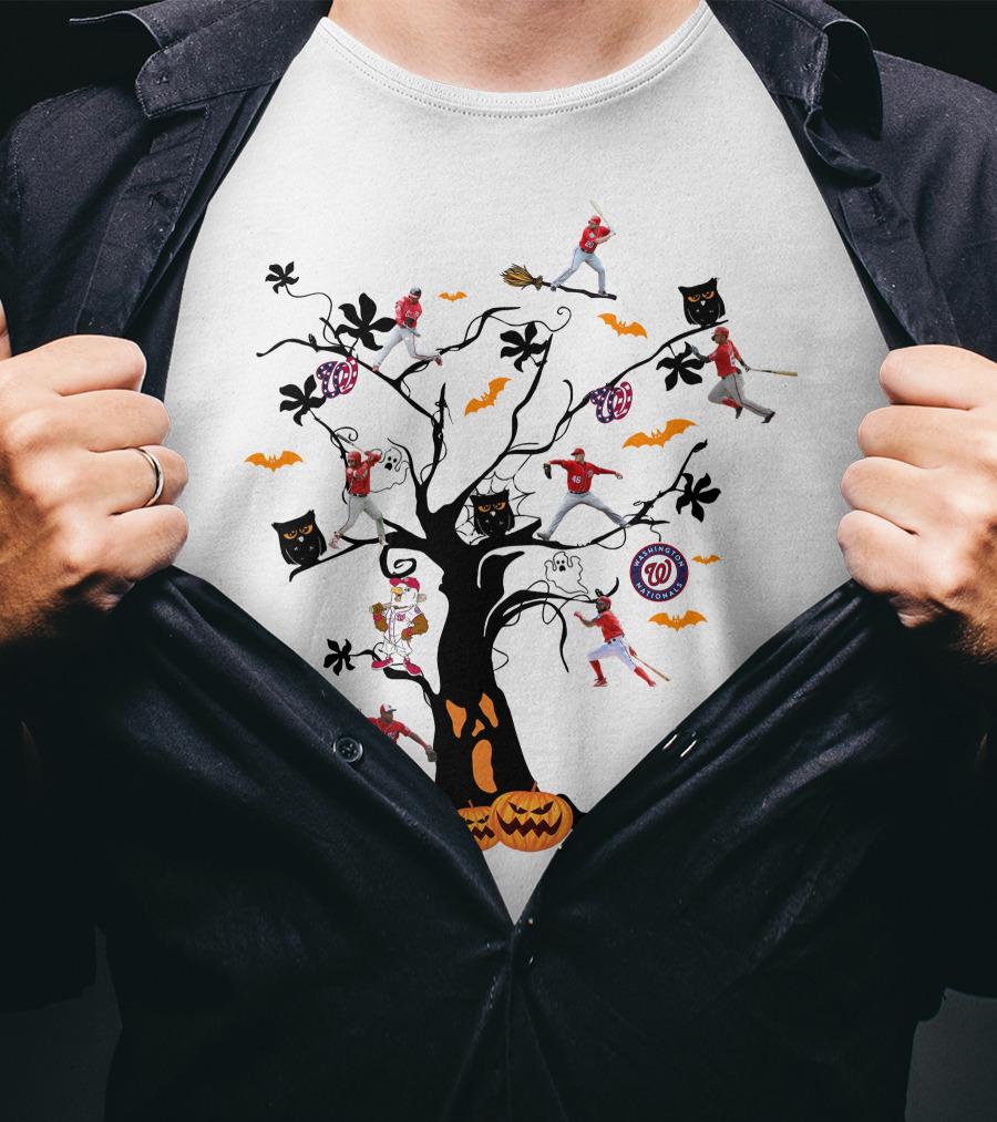 Washington Nationals Halloween Baseball Spooky Tree With Pumpkins And Bats T-Shirt