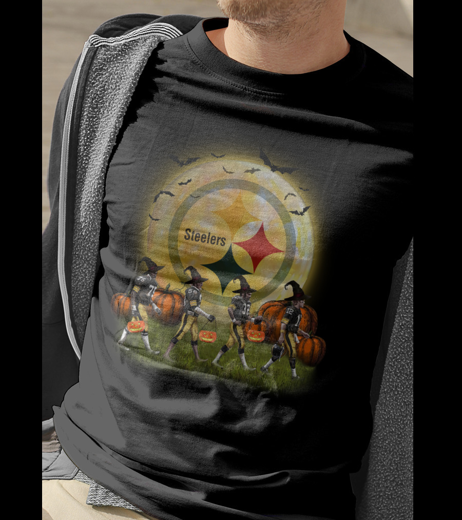 Pittsburgh Steelers Halloween Witch Moon Pumpkin Bats Football Players T-Shirt