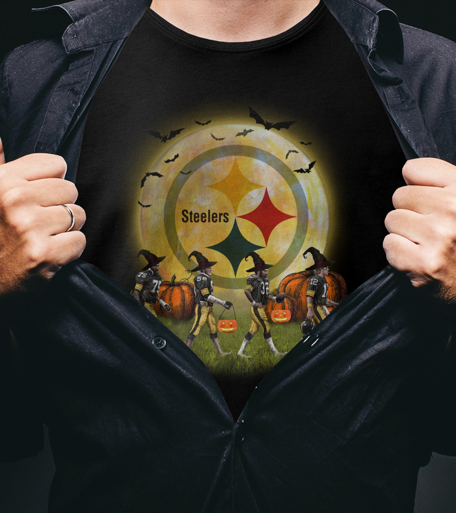 Pittsburgh Steelers Halloween Witch Moon Pumpkin Bats Football Players T-Shirt