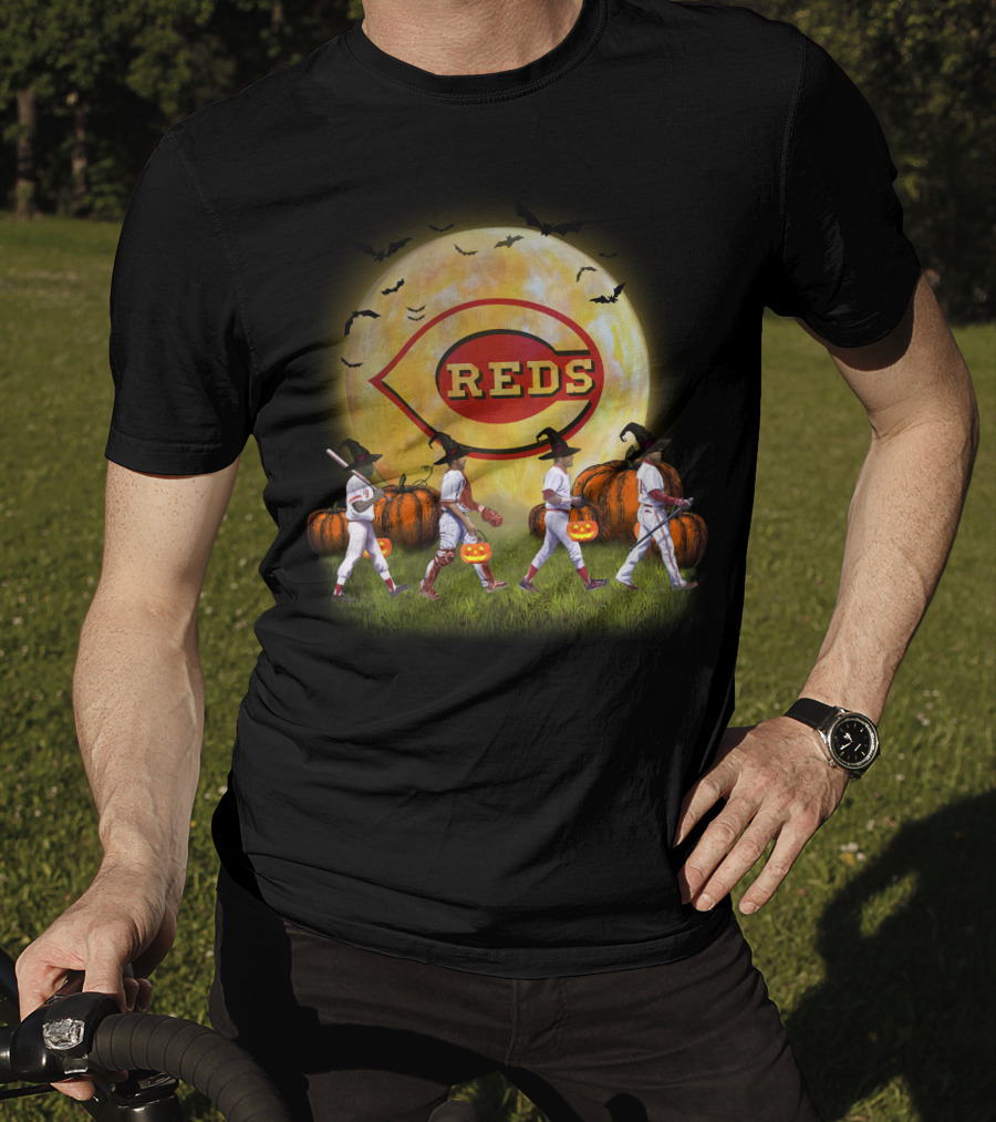 Cincinnati Reds Halloween Witch Walk With Pumpkins And Bats T-Shirt