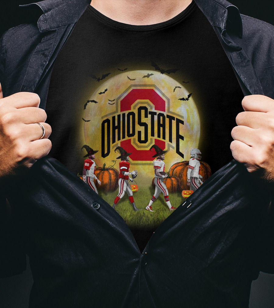Ohio State Buckeyes Halloween Moon Walk With Pumpkins And Bats T-Shirt