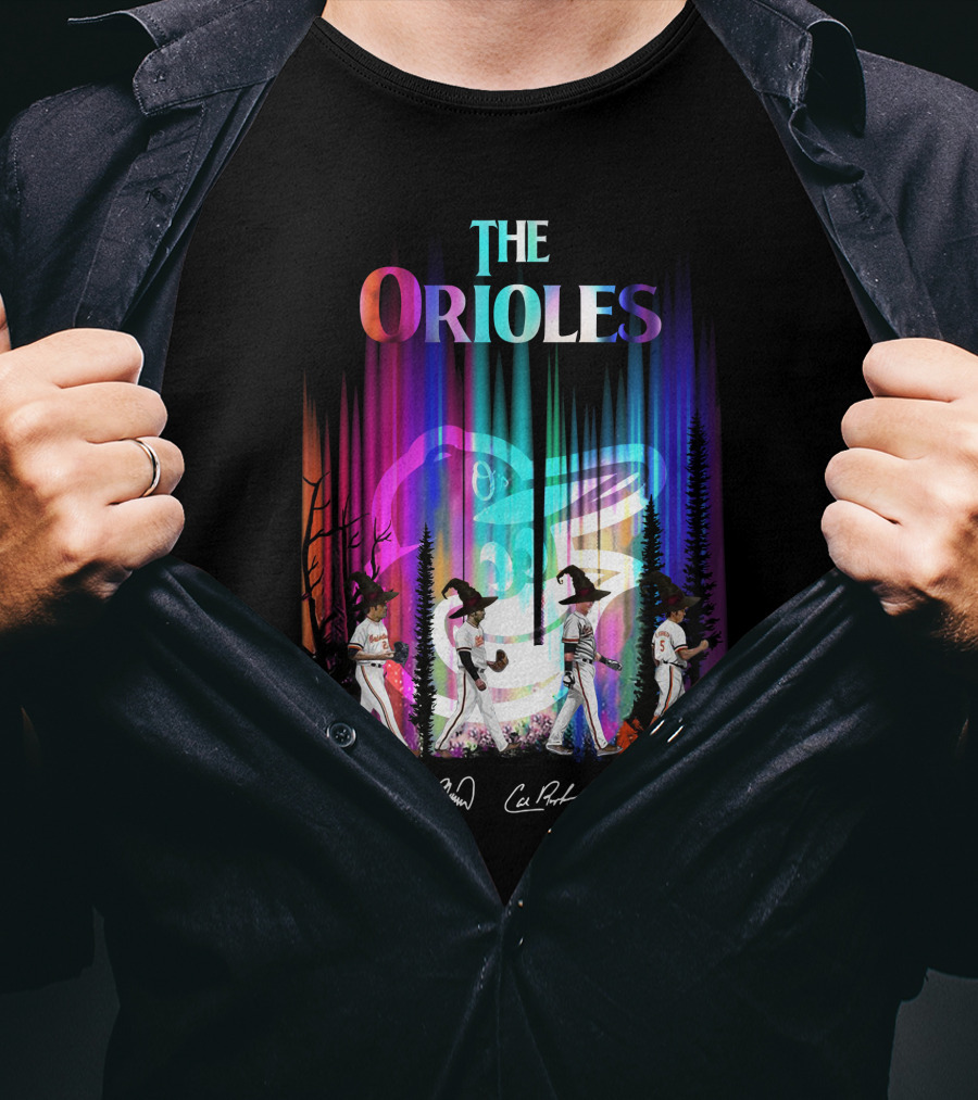 The Orioles Players And Signatures With Logo And Rainbow Background T-Shirt