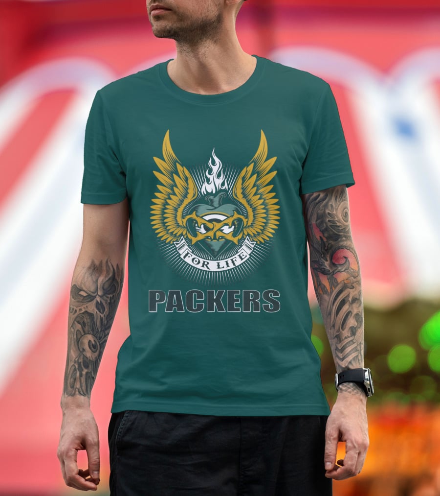 Packers For Life Green Bay Packers Emblem With Wings And Flame T-Shirt
