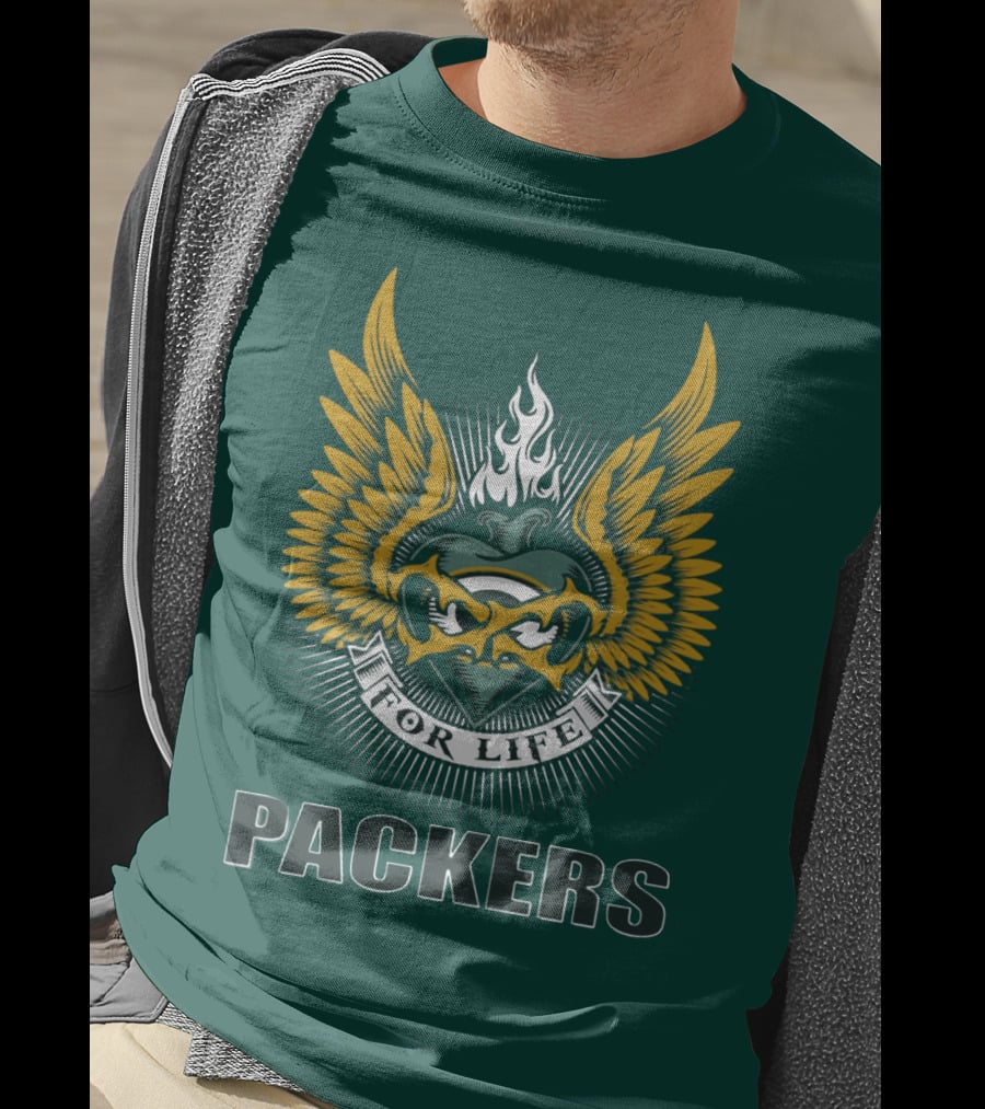 Packers For Life Green Bay Packers Emblem With Wings And Flame T-Shirt