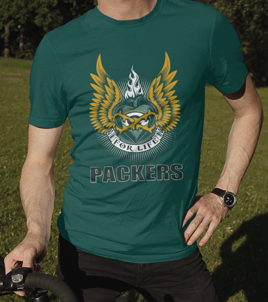 Packers For Life Green Bay Packers Emblem With Wings And Flame T-Shirt