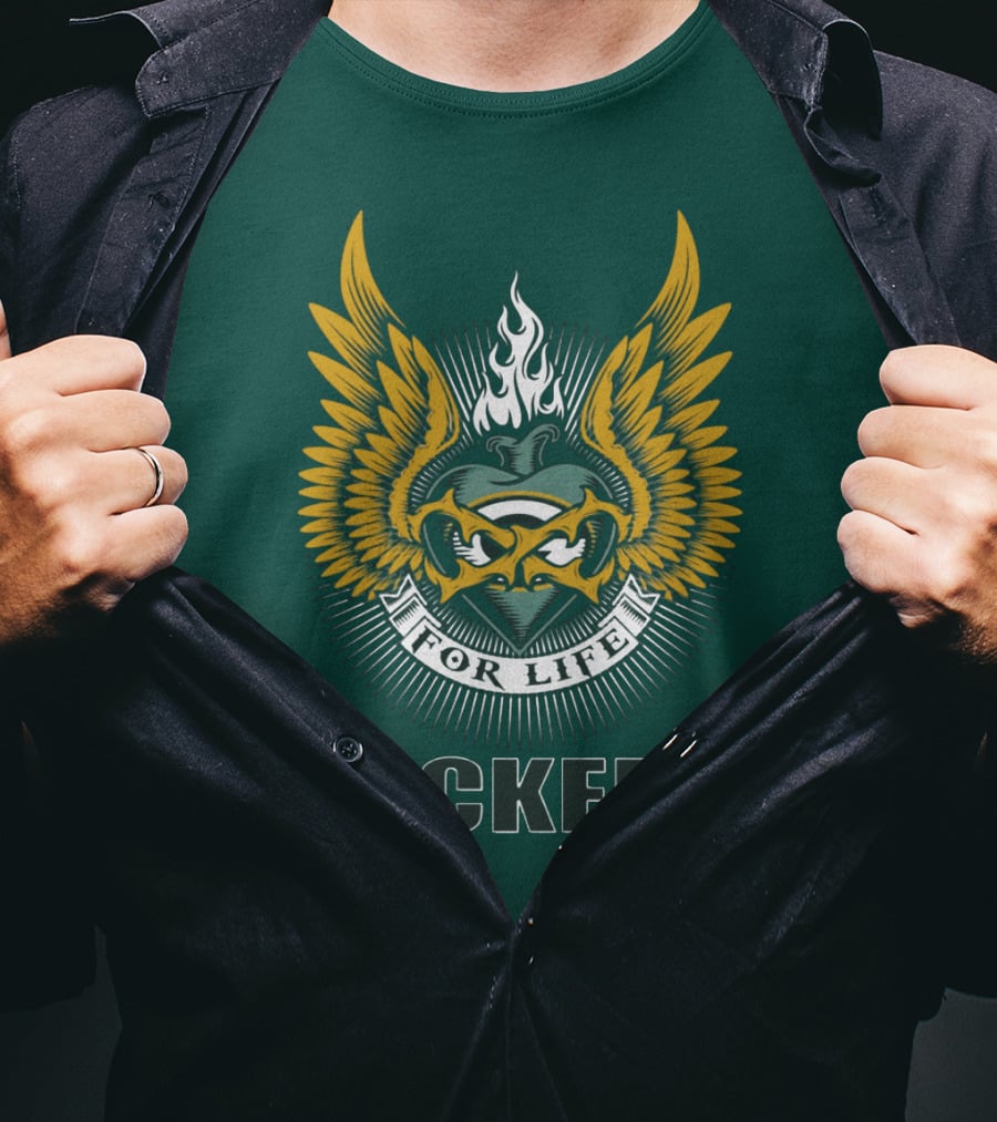 Packers For Life Green Bay Packers Emblem With Wings And Flame T-Shirt
