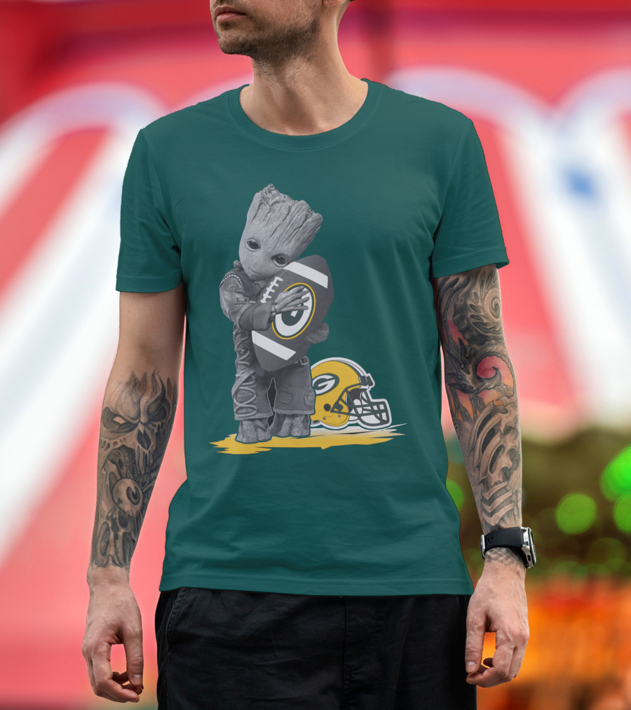 Groot Hugging Green Bay Packers Football With Helmet T-Shirt