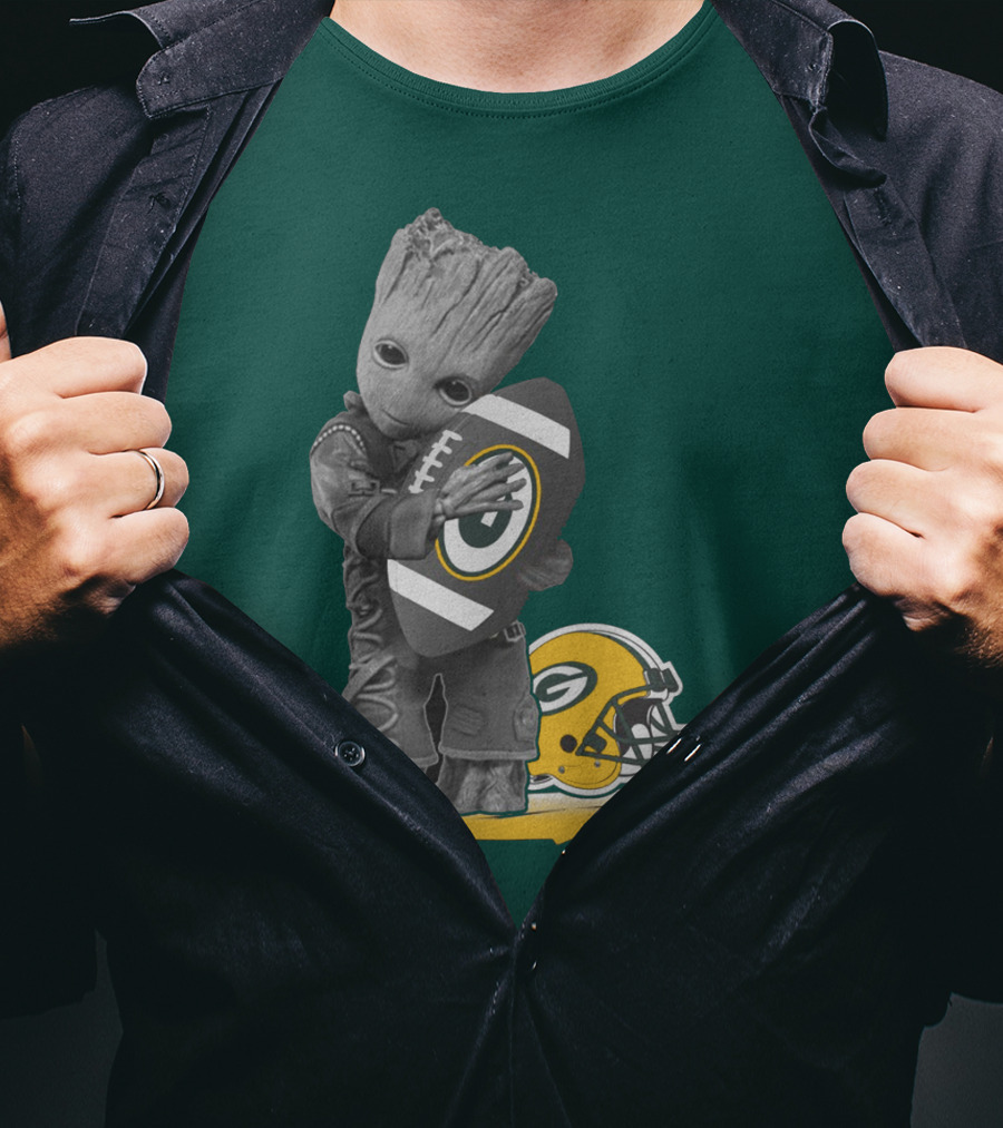 Groot Hugging Green Bay Packers Football With Helmet T-Shirt