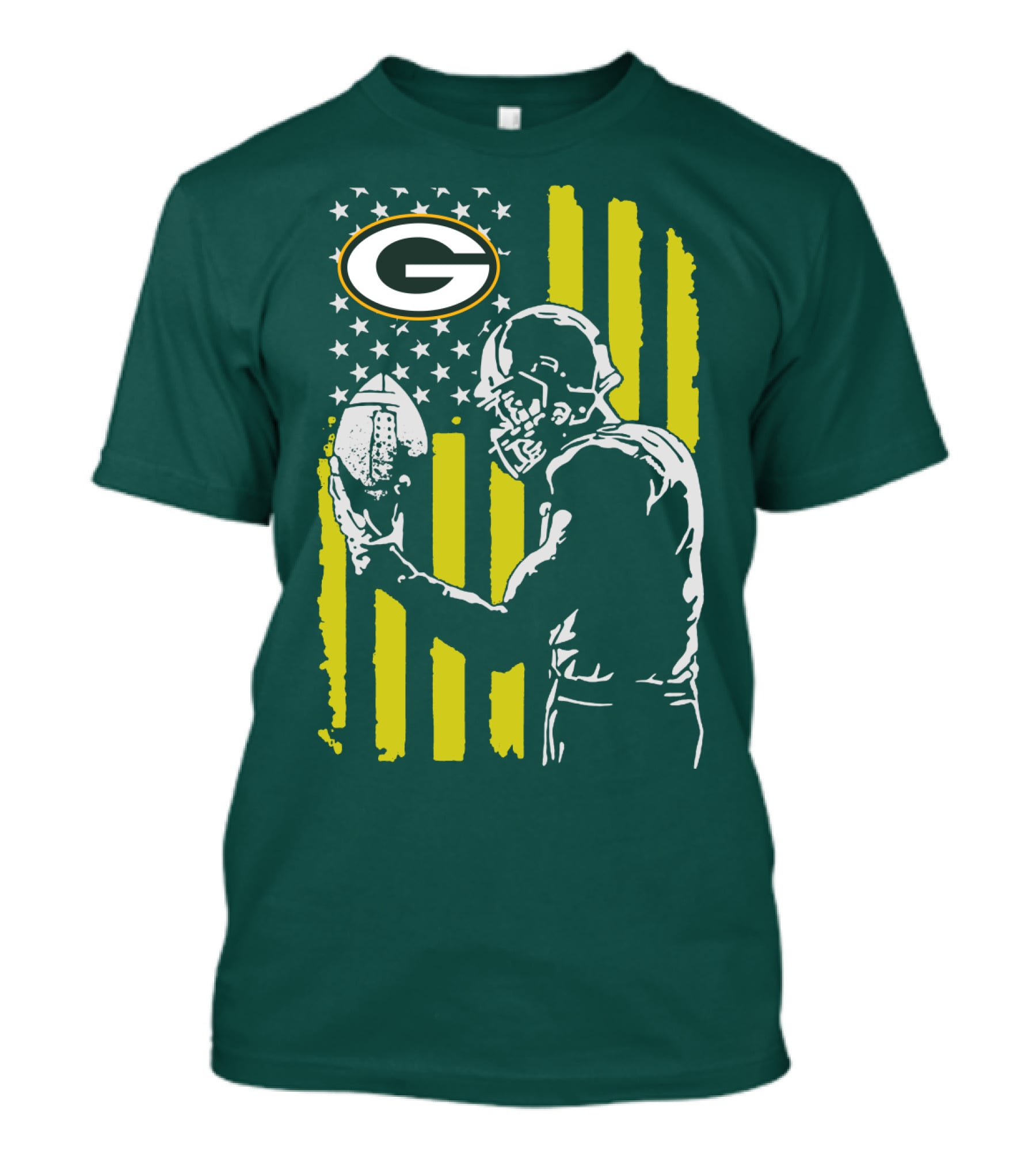 Green Bay Packers Logo And Football Player With American Flag T-Shirt