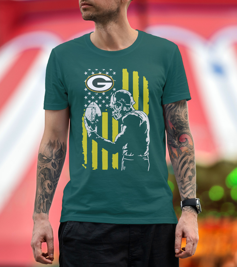 Green Bay Packers Logo And Football Player With American Flag T-Shirt