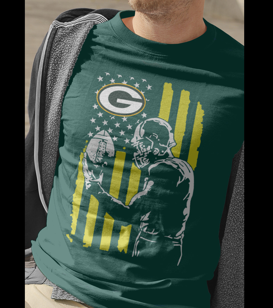 Green Bay Packers Logo And Football Player With American Flag T-Shirt