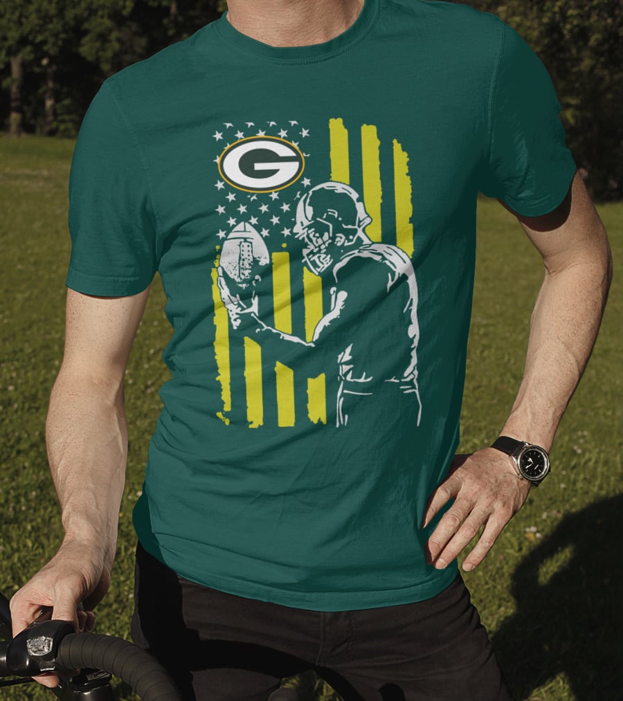 Green Bay Packers Logo And Football Player With American Flag T-Shirt