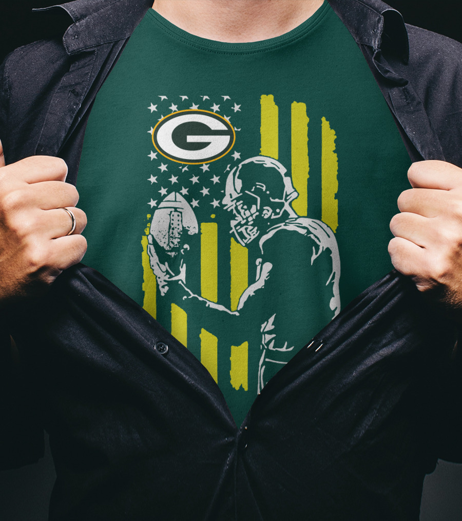 Green Bay Packers Logo And Football Player With American Flag T-Shirt