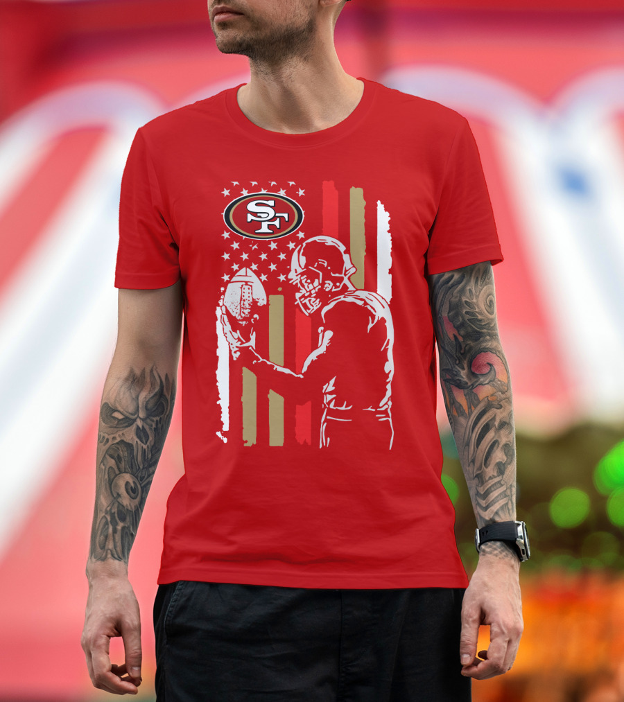 San Francisco 49ers Football Player With Logo And American Flag T-Shirt