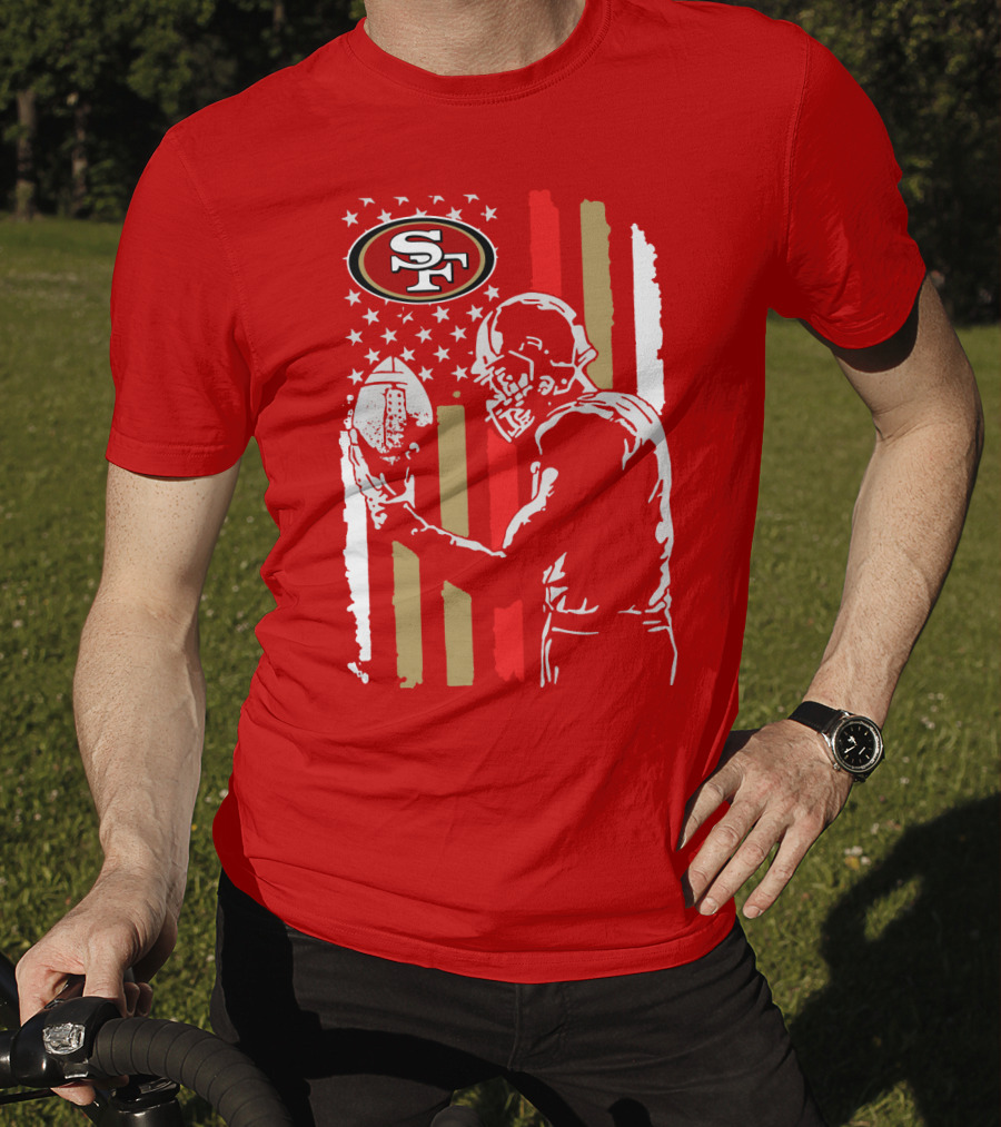 San Francisco 49ers Football Player With Logo And American Flag T-Shirt
