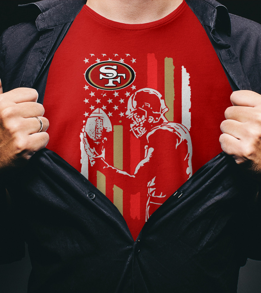 San Francisco 49ers Football Player With Logo And American Flag T-Shirt