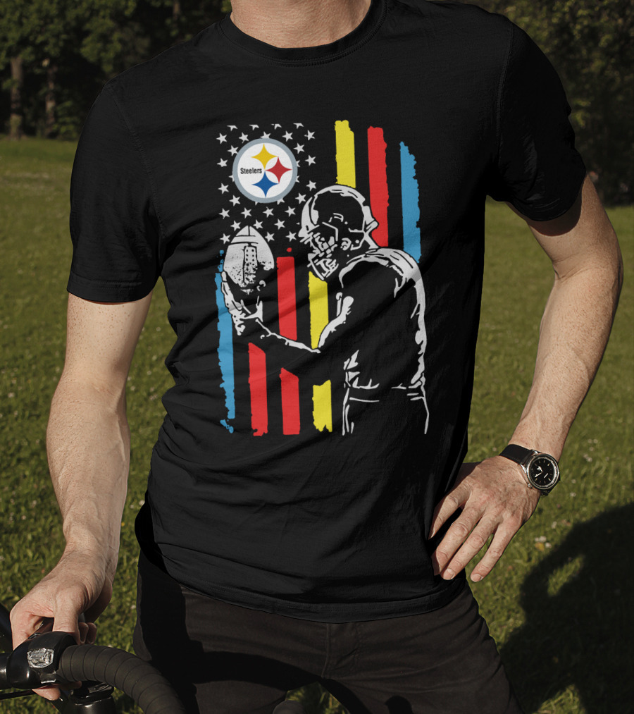 Pittsburgh Steelers American Flag Football Player Silhouette T-Shirt